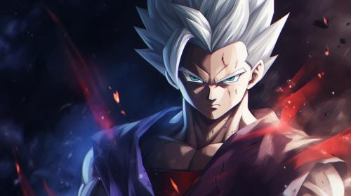 Gohan beast from the dragon ball super: Super heros movie, white hair, red eyes, special beam canon, red and blue energy beam, perfect details,no defects, 1 hair bang,