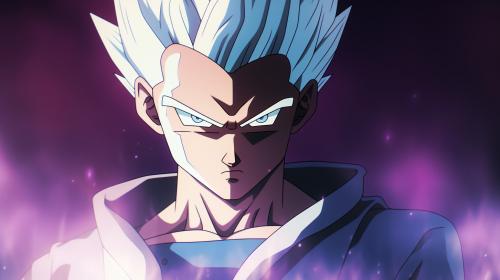 Gohan beast from the dragon ball super: Super heros movie, white hair, red eyes, menacing stance, pruple and blue energy around body,red electricity surround body, perfect details,no defects, 1 hair bang,