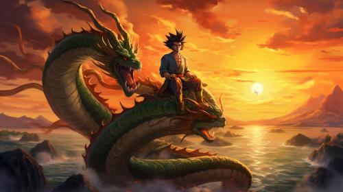 Gt goku, shenron, gt goku sitting on shenron, in the clounds flying, sunset,