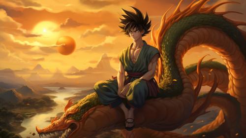 Gt goku, shenron, gt goku sitting on shenron, in the clounds flying, sunset,