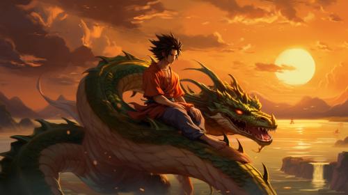 Gt goku, shenron, gt goku sitting on shenron, in the clounds flying, sunset,