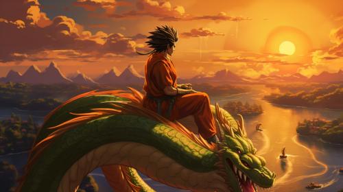 Gt goku, shenron, gt goku sitting on shenron, in the clounds flying, sunset, perfect details, no defects HD