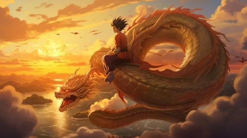 Gt goku, shenron, gt goku sitting on shenrons head, in the clouds flying, sunset, perfect details, no defects HD,