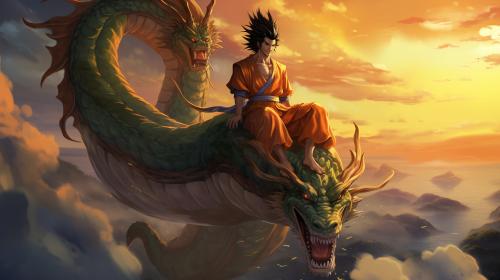 Gt goku, shenron, gt goku sitting on shenrons head, in the clouds flying, sunset, perfect details, no defects HD,