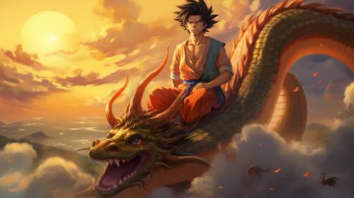 Gt goku, shenron, gt goku sitting on shenrons head, in the clouds flying, sunset, perfect details, no defects HD,