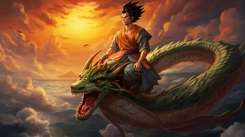 Gt goku, shenron, gt goku sitting on shenrons head, in the clouds flying, sunset, perfect details, no defects HD,