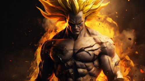 Gogeta from dragon ball z, black vest with yellow shoulder guards, sparkling yellow aura, in hell, shimmering energy around body, HD, perfect details, yellow hair, masterpiece