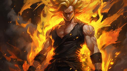 Gogeta from dragon ball z, black vest with yellow shoulder guards, sparkling yellow aura, in hell, shimmering energy around body, HD, perfect details, yellow hair, masterpiece