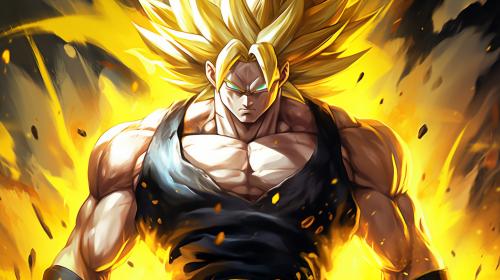 Gogeta from dragon ball z, black vest with yellow shoulder guards, sparkling yellow aura, shimmering energy around body, HD, perfect details, yellow hair, masterpiece, accurate as possible, dragon ball art style