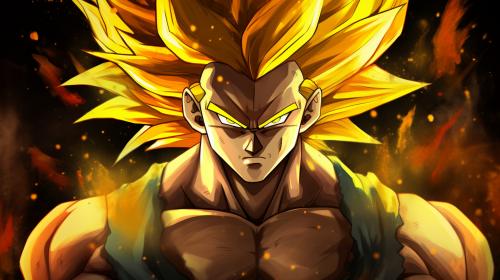 Gogeta from dragon ball z, black vest with yellow shoulder guards, sparkling yellow aura, shimmering energy around body, HD, perfect details, yellow hair, masterpiece, accurate as possible, dragon ball art style