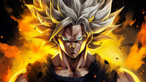 Gogeta from dragon ball z, black vest with yellow shoulder guards, sparkling yellow aura, shimmering energy around body, HD, perfect details, yellow hair, masterpiece, accurate as possible, dragon ball art style