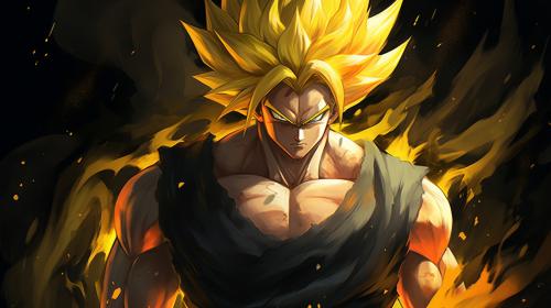 Gogeta, black vest with yellow shoulder guards, sparkling yellow aura, shimmering energy around body, HD, perfect details, yellow hair, masterpiece, accurate as possible, dragon ball art style