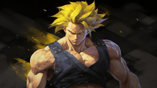 Gogeta, black vest with yellow shoulder guards, sparkling yellow aura, shimmering energy around body, HD, perfect details, yellow hair, masterpiece, accurate as possible, dragon ball art style