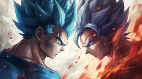 Goku vs vegeta, HD, perfect details, masterpiece, vegeta has no hair bangs, blue hair,