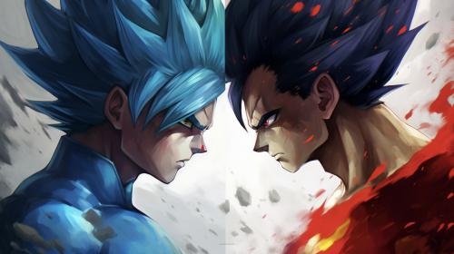 Goku vs vegeta, HD, perfect details, masterpiece, vegeta has no hair bangs, blue hair,