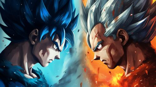 Goku vs vegeta, HD, perfect details, masterpiece, no hair bangs on vegeta, blue hair on goku, blue hair on vegeta, blue eyes, blue energy