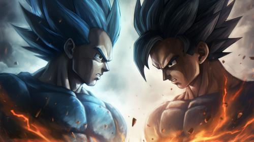 Goku vs vegeta, HD, perfect details, masterpiece, no hair bangs on vegeta, blue hair on goku, blue hair on vegeta, blue eyes, blue energy