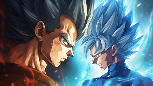 Goku vs vegeta, HD, perfect details, masterpiece, no hair bangs on vegeta, blue hair on goku, blue hair on vegeta, blue eyes, blue energy