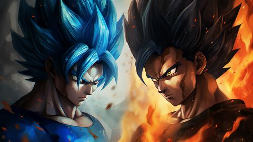 Goku vs vegeta, HD, perfect details, masterpiece, no hair bangs on vegeta, blue hair on goku, blue hair on vegeta, blue eyes,