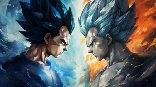 Goku vs vegeta, HD, perfect details, masterpiece, no hair bangs on vegeta, blue hair on goku, blue hair on vegeta, blue eyes,