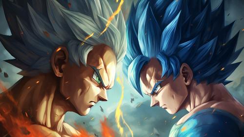 Goku vs vegeta, HD, perfect details, masterpiece, no hair bangs on vegeta, blue hair on goku, blue hair on vegeta, blue eyes,