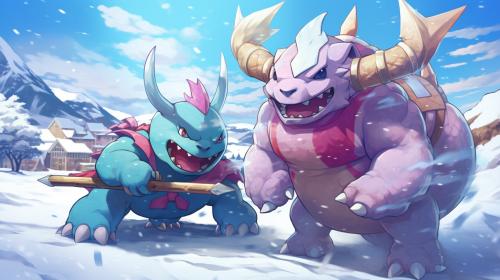 Pokemon Nidoking fighting against Tony Tony Chopper in winter