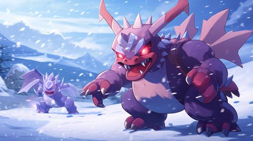 Pokemon Nidoking fighting against Tony Tony Chopper in winter