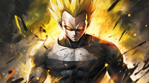 Majin vegeta, has a M symbol on his forhead, yellow hair, green eyes, blood, destroyed city, evil smile, lightning surrounding body, no hair bangs