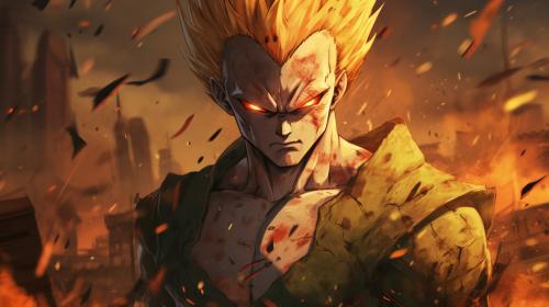 Majin vegeta, has a M symbol on his forhead, yellow hair, green eyes, blood, destroyed city, evil smile, lightning surrounding body, no hair bangs