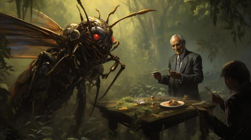 Forest, giant insects, tea party, insect bounty hunter in shadows, insect joe biden