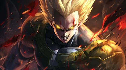 Majin vegeta, has a M symbol on his forhead, yellow hair, green eyes, blood, destroyed city, lightning surrounding body, no hair bangs,HD, Perfect Detail, accurate as possible