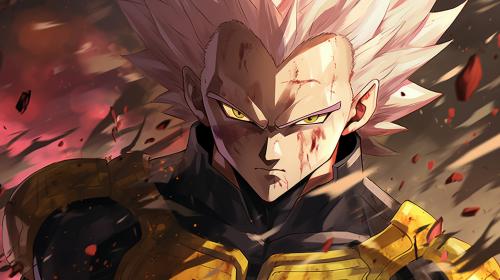 Majin vegeta, has a majin symbol on forhead, yellow hair, green eyes, blood, destroyed city, lightning surrounding body, no hair bangs,HD, Perfect Detail, accurate as possible