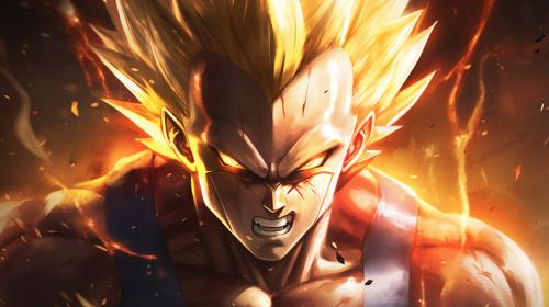 Majin vegeta, has a majin symbol on forhead, yellow hair, green eyes, blood, destroyed city, lightning surrounding body, no hair bangs,HD, Perfect Detail, accurate as possible