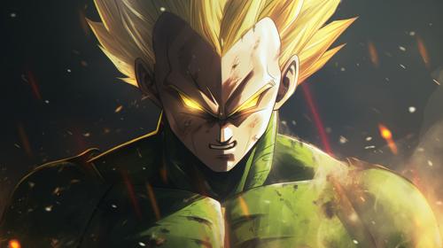 Majin vegeta, has a majin symbol on forhead, yellow hair, green pupils, blood, destroyed city, lightning surrounding body, no hair bangs,HD, Perfect Detail, accurate as possible