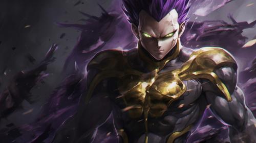 Vegeta Ultra Ego, Purple hair, yellow pupils, purple energy surrounds body, dynamic, pose, HD, Perfect details, master piece