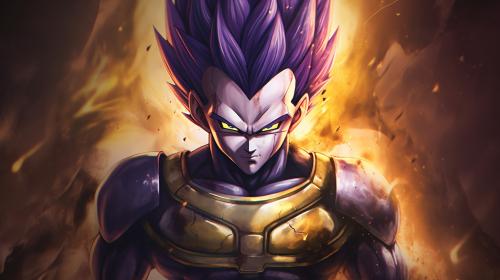 Vegeta Ultra Ego, Purple hair, yellow pupils, purple energy surrounds body, dynamic, pose, HD, Perfect details, master piece