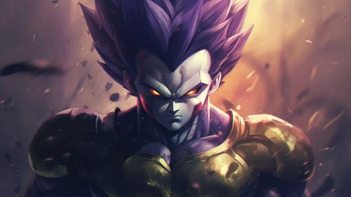 Vegeta Ultra Ego, Purple hair, yellow pupils, purple energy surrounds body, dynamic, pose, HD, Perfect details, master piece