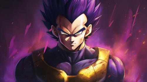 Vegeta Ultra Ego, Purple hair, yellow pupils, purple energy surrounds body, dynamic, pose, HD, Perfect details, master piece, accurate as possible, dragon ball art style