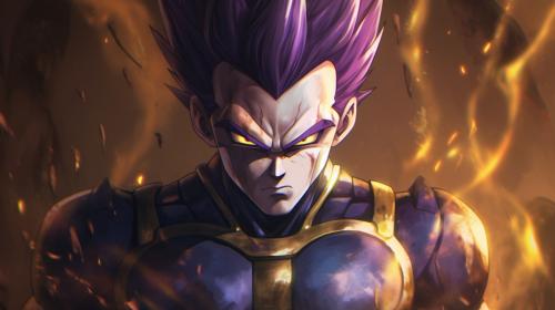 Vegeta Ultra Ego, Purple hair, yellow pupils, purple energy surrounds body, dynamic, pose, HD, Perfect details, master piece, accurate as possible, dragon ball art style