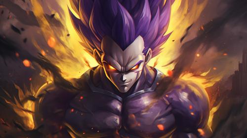 Vegeta Ultra Ego, Purple hair, yellow pupils, purple energy surrounds body, dynamic, pose, HD, Perfect details, master piece, accurate as possible, dragon ball art style