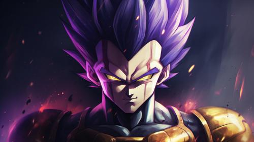 Vegeta Ultra Ego, Purple hair, yellow pupils, purple energy surrounds body, dynamic, pose, HD, Perfect details, master piece, accurate as possible, dragon ball art style