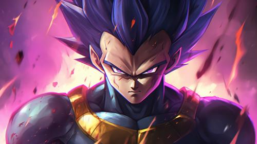 Vegeta Ultra Ego, Purple hair, yellow pupils, purple energy surrounds body, dynamic, pose, HD, Perfect details, master piece, accurate as possible, dragon ball art style