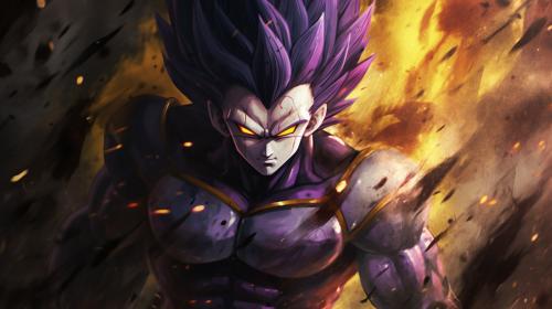 Vegeta Ultra Ego, Purple hair, yellow pupils, purple energy surrounds body, dynamic, pose, HD, Perfect details, master piece, accurate as possible, dragon ball art style