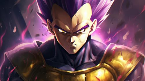 Vegeta Ultra Ego, Purple hair, yellow pupils, purple energy surrounds body, dynamic, pose, HD, Perfect details, master piece, accurate as possible, dragon ball art style