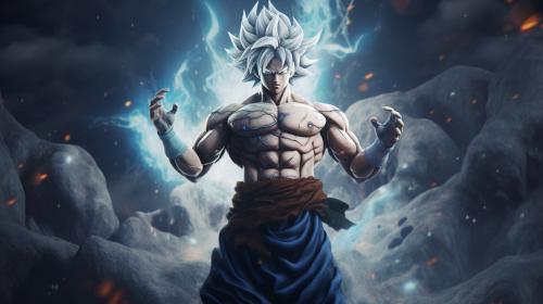 Goku Ultra instinct, HD, Perfect detail, anime accurate, galaxy in background, fighting stance, white dragon in back ground