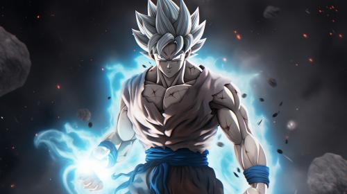 Goku Ultra instinct, HD, Perfect detail, anime accurate, galaxy in background, fighting stance, white dragon in back ground