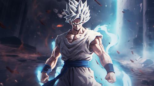 Goku Ultra instinct, HD, Perfect detail, anime accurate, galaxy in background, fighting stance, white dragon in back ground