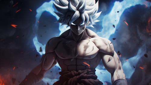 Goku Ultra instinct, HD, Perfect detail, anime accurate, fighting stance, white dragon in background