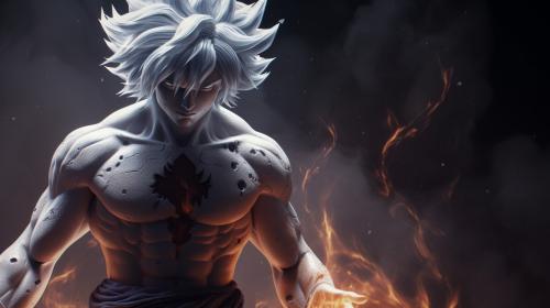 Goku Ultra instinct, HD, Perfect detail, anime accurate, fighting stance, white flames, sparkling white energy