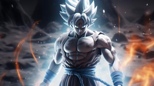 Goku Ultra instinct, HD, Perfect detail, anime accurate, fighting stance, white flames, sparkling white energy